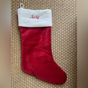 Pottery Barn Classic Velvet Stocking, embroidered with name ‘Andy’